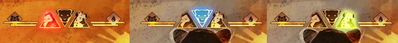 EoLRev4 The image shows the resources scale positioned in the center-upper part of the screen, where there are also the three animal icons representing the three main characters. In the image they're showed active: Lion - red light, Panther - blue light, Tahouri/Hyena - lime green light.