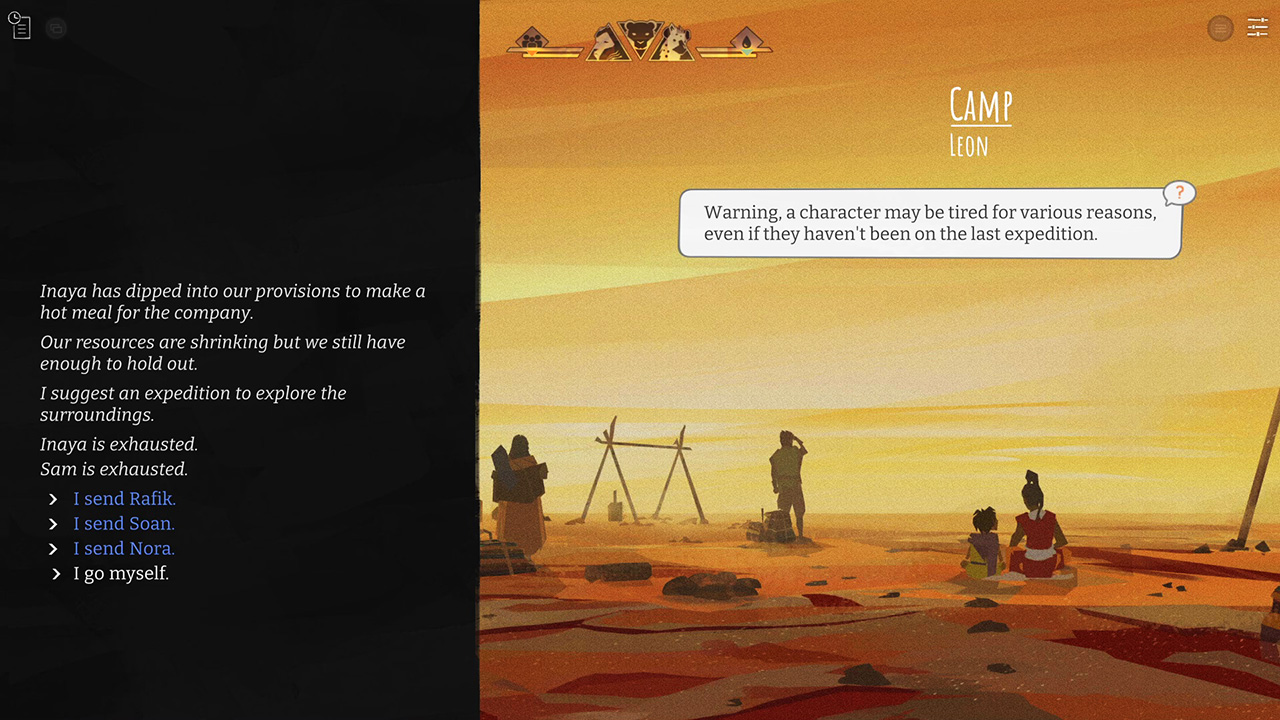 EoLRev6 The image shows the first camp the game offers, with an illustration of the characters resting at dusk on the right of the screen and the text interface on the left, asking the player who they want to send exploring/scavenging the surrounding area.